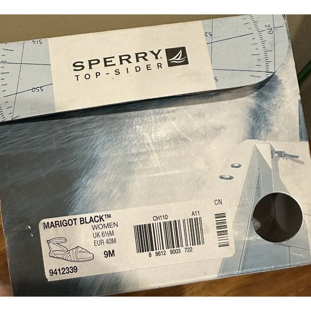 Sperry Topsider‎ MARIGOT Black Flat Sandals Espadrilles Ankle Strap sz 9M, NIB